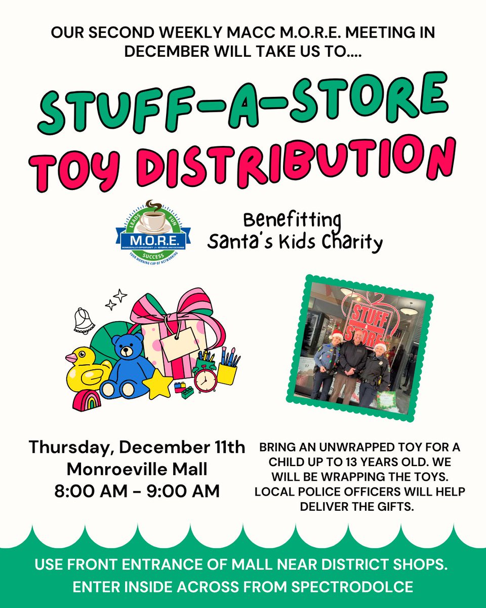 Looking for an opportunity to give back this holiday season? 🎁🎄🎅
Our M.O.R.E. meeting this week will take us to the Monroeville Mall, where we will be donating our time to wrap presents for the Stuff-A-Store program. Hope to see you there on 10.11 at 8 AM!