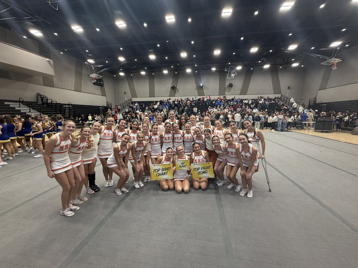 Moore_MS_CISD's tweet photo. Our Moore MS Cheer Team didn’t just show up… they cheered up the whole competition! They came home with 1st Place in their division for Top Fight Song and Top Band Chant! Huge shout out to our girls and coaches for raising the bar and the spirit! We are so proud of you. 📣🧡 https://t.co/E3dHd0ljES