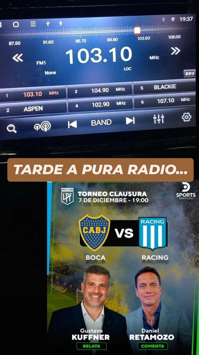 WalterVerst's tweet image. Ya estamos junto a @mavegol al #Aire en @DSportsRadio 103.1 FM para llevarte una de las #Semifinales del #TorneoClausura desde la Bombonera
#Boca vs. #Racing 
Con los relatos de @GustavoKuffner comentarios de @DanielRetamozo y los aportes de @faafiperez @Hachita