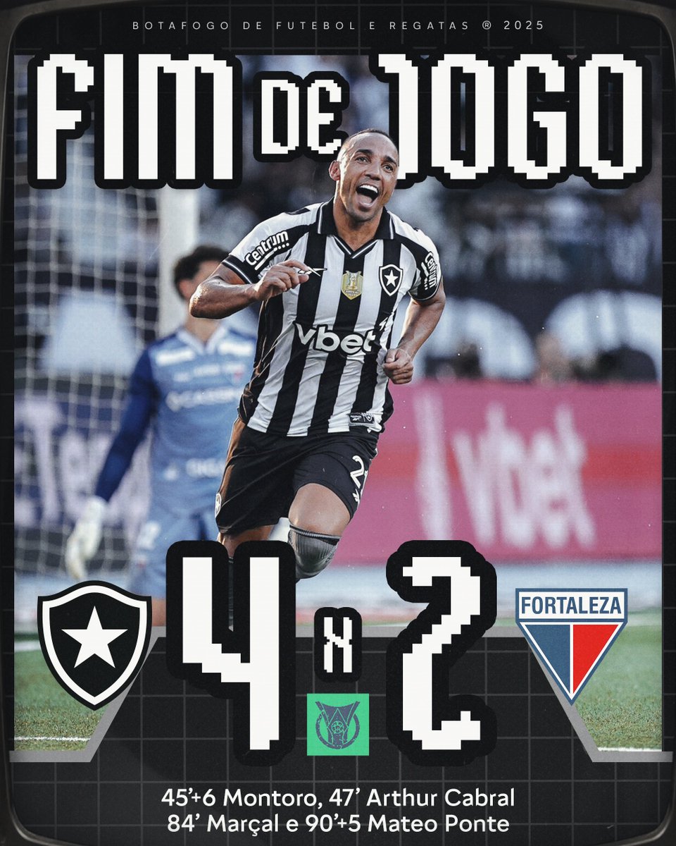 Botafogo's tweet image. FIM DE JOGO NO NILTON SANTOS: VITÓRIAAAAAAAA DO GLORIOSOOOOOOOOOOOOO! 🌟

O FOGÃO MARCOU 4 PARA ENCERRAR O CAMPEONATO BRASILEIRO COM VITÓRIA EM CASA! MONTORO, ARTHUR CABRAL, MARÇAL E MATEO PONTE ESTUFARAM AS REDES PARA O BOTAFOGO! VALEU, FOGÃO! 🔥⚽#VamosBOTAFOGO