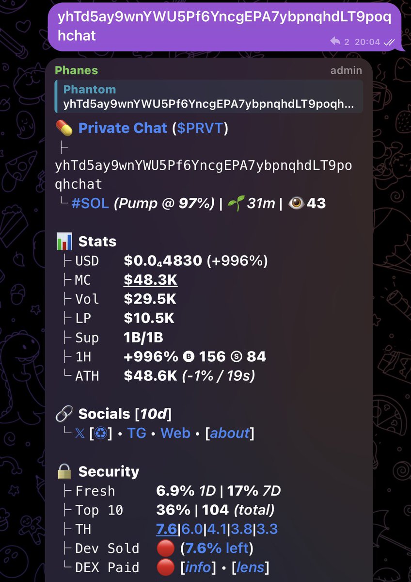 cheffphantom's tweet image. Over 3x up from my call on $PRVT
CA::

yhTd5ay9wnYWU5Pf6YncgEPA7ybpnqhdLT9poqhchat

YO! You Still Buying After the Pump? 😅
While you wait, we’re already IN.

💥 Join our VIP ECA Gang
DM:: t.me/phantom_caller for entry
#solana #memecoin #crypto #memecoin1000x