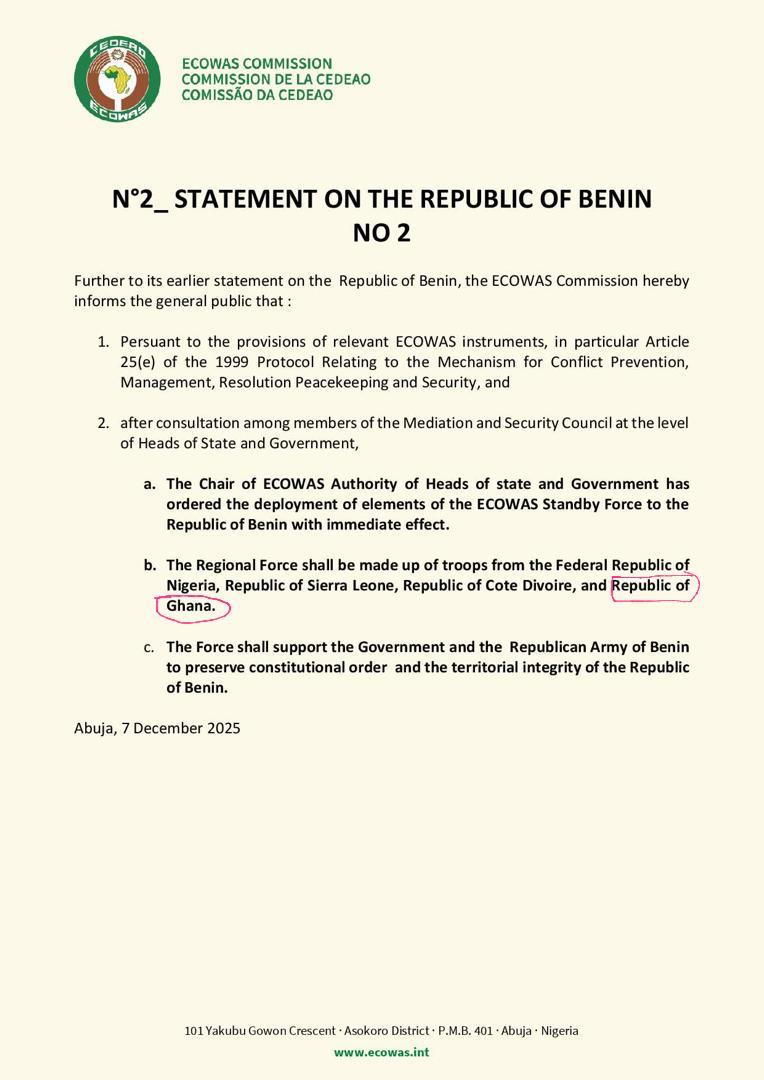 ECOWAS to deploy troops to Benin <a href="/TheGhanaWeb/">GhanaWeb</a> <a href="/Citi973/">CITI FM 97.3</a> <a href="/Joy997FM/">Joy 99.7 FM</a> <a href="/FelixKwakyeOfo1/">Felix Kwakye Ofosu</a> <a href="/THEKojoYankson/">Kojo Yankson</a> <a href="/benkoku/">Bernard Avle</a> <a href="/ECOWASParliamnt/">ECOWAS Parliament</a>
<a href="/BeninDiplomatie/">Bénin Diplomatie</a> <a href="/thenanaaba/">nana aba</a>