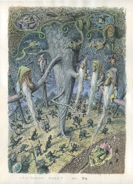 fabiaschi's tweet photo. Peter Klúcik - Illustrations for unpublished version of J. R. R. Tolkien's "The Hobbit" 1990 https://t.co/Qs0dykRbUV