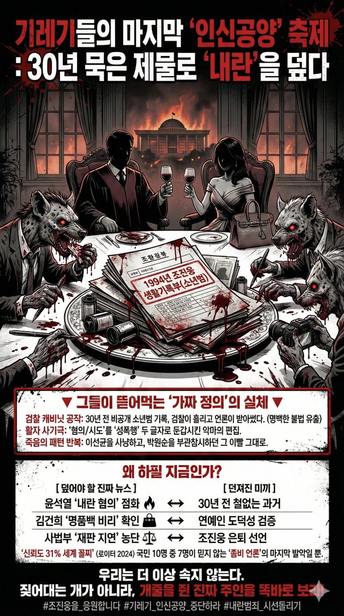 JeonPD7's tweet image. 언론이 '성폭행'이라는 낙인을 찍었습니다. 하지만 기레기들의 '활자 사기극'일 뿐입니다. 30년 전 소년범 기록. 검찰이 캐비닛을 열어주지 않고서야, 이게 어떻게 세상에 나옵니까? 조진웅은 죗값을 치렀지만, 당신들은 이제 치르게 될 겁니다. 당신들의 펜은 더 이상 칼이 되지 못합니다.