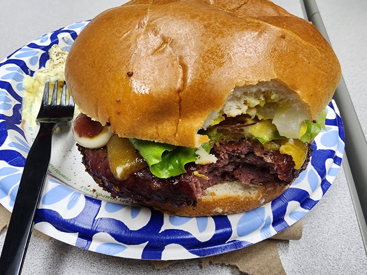 For the BBQ at work today, a coworker made moose burgers. They are pretty tasty. 

#Alaska #moose #mooseburger #worklife