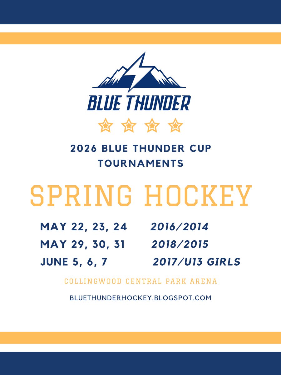 BlueThunderHock's tweet photo. Blue Thunder Cup tourneys
May 22-24 – 2016, 2014
May 29-31 – 2018, 2015
June 5-7 – 2017, Girls U13
Location: Collingwood Central Park Arena
📷 Four Games Guaranteed
📷 Register Now: https://t.co/ppa7g8YEEC
#bluethundercup #springhockey #bluethunderhockey #collingwoodhockey https://t.co/euNwxNjN73