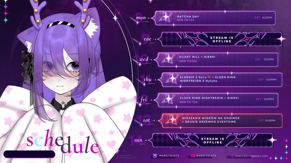 ✦₊˚ Schedule ✦₊˚
    ˚ 08.12-14.12 ˚

✦ GACHA DAY
✦ SILENT HILL
✦ #ELDENRING  z córcia <a href="/SoruKagayaki/">Soru Kagayaki</a> 💕
✦ #ELDENRINGNIGHTREIGN 
✦ WIESZNIE WIDZÓW NA CHOINCE 🎄🔗

#vtuber #vtuberPL #PLVtuber