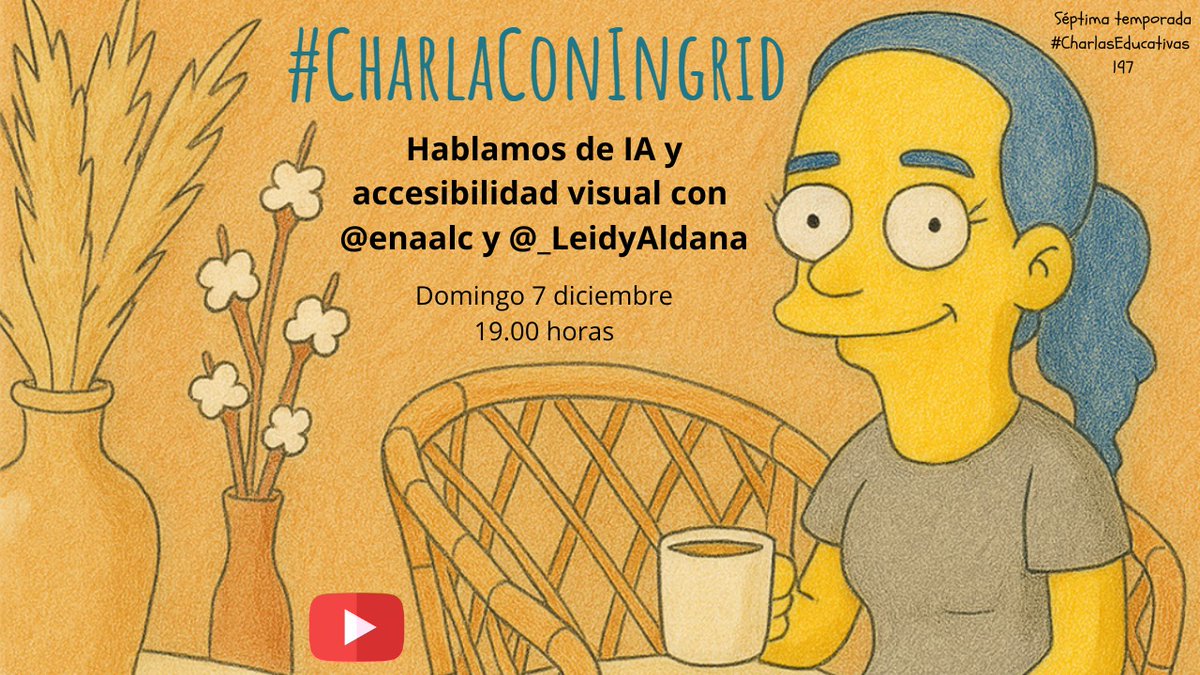 🧐 Interesantísima #CharlaConIngrid sobre IA y accesibilidad visual con <a href="/enaalc/">Enara👩🏼‍🦯📚</a> y <a href="/_LeidyAldana/">Leidy</a>. 🔝
Muy recomendable.
Muchísimas gracias a todas las personas que nos habéis acompañado durante el directo. 🥰
📹 youtube.com/live/-b4nKFgh3…
🎙️ charlaseducativas.com/el-podcast-de-…