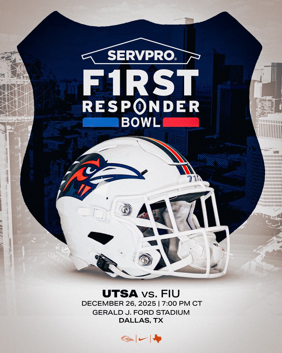 UTSAFTBL's tweet image. 𝐁𝐎𝐖𝐋 𝐁𝐎𝐔𝐍𝐃

UTSA is heading to Dallas to face FIU in the SERVPRO First Responder Bowl on Dec. 26 at Gerald J. Ford Stadium!

📰 utsa.pro/25bowlannounce…

#210TriangleOfToughness | #210wned