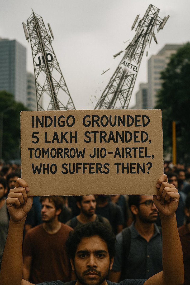 IndiGo ठप हुई तो 5 लाख लोग फँस गए…
कल अगर Jio–Airtel ठप हुए,
तो पूरा देश ठहर जाएगा।

सोचिए—
न ऑनलाइन पेमेंट चलेगा,
न टिकट बुकिंग,
न मैप,
न स्कूल की ऑनलाइन क्लास,
न हॉस्पिटल की रिपोर्ट,
न OTP… कुछ भी नहीं।

पूंजीवाद का ये सिर्फ़ ट्रेलर था।
असली डर उस दिन है
जब एक–दो कॉरपोरेट हाथ