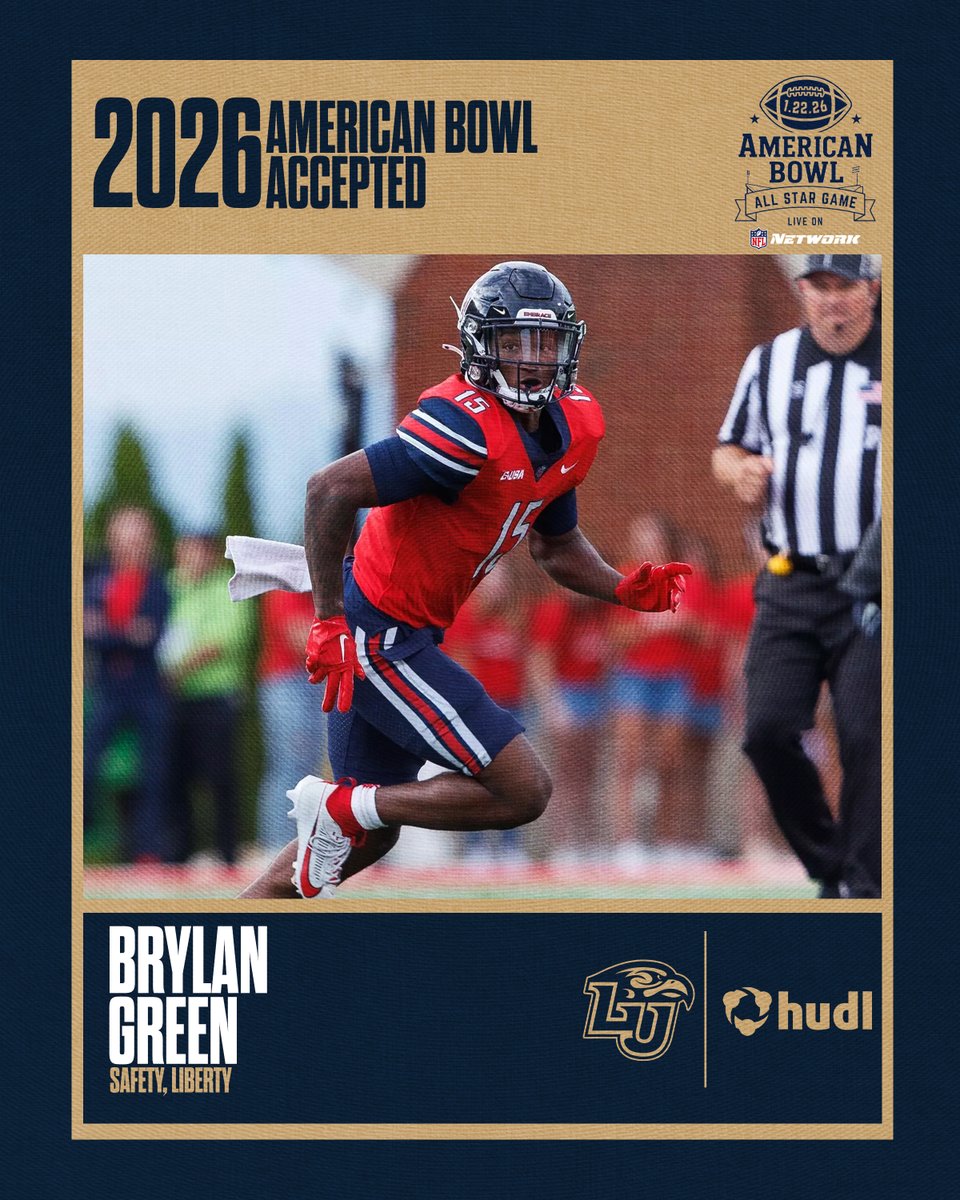TheAmericanBowl's tweet image. WELCOME TO THE AMERICAN BOWL! 🇺🇸

Brylan Green from @LibertyFootball has officially accepted his invitation to the 2026 American Bowl, where the nation’s top senior talent comes together to compete, represent their programs, and honor those who serve.

Next stop: Orlando 🇺🇸🏈…