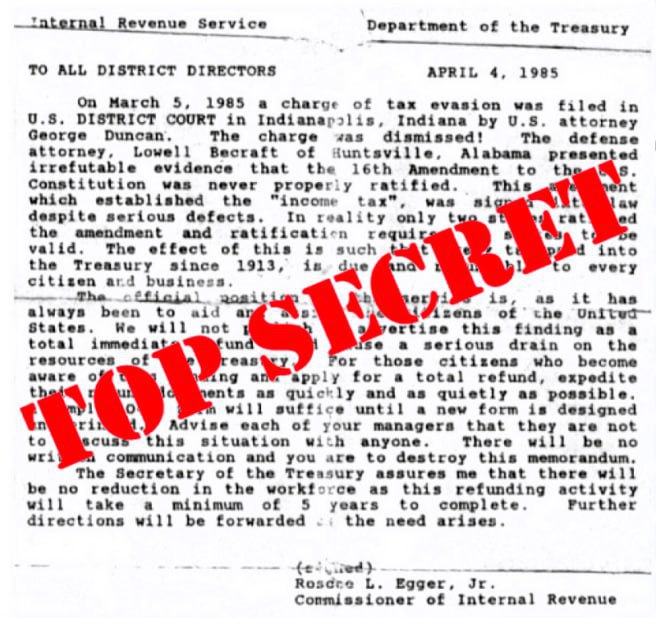 PaulGoldEagle's tweet photo. IRS BOMBSHELL: THE 16TH AMENDMENT WAS NEVER RATIFIED – $330 TRILLION STOLEN!

THE BIGGEST THEFT IN AMERICAN HISTORY HAS BEEN EXPOSED. A CONFIDENTIAL 1985 letter from a sitting IRS Commissioner just confirmed what we've been screaming for DECADES: THE 16TH AMENDMENT WAS NEVER LEGALLY RATIFIED. That means every income tax dollar you’ve ever paid was ILLEGAL THEFT — and the IRS has been a CRIMINAL EXTORTION CARTEL from the start.

THIS CHANGES EVERYTHING.

Since 1913, $330 TRILLION has been siphoned from the American people under FALSE PRETENSES. That money was supposed to build our country. Instead, it funded globalist parasites, black ops, and deep-state war machines.

THE LIE THAT ENSLAVED A NATION

The so-called ratification of the 16th Amendment was a rigged fraud. States rejected it — their votes were falsified. The IRS was installed as a financial weapon to enslave you and your family for generations. The audits, the penalties, the seizures — ALL ILLEGAL. You’ve been paying into a system that was never lawful to begin with.

APRIL 1985: THE SMOKING GUN

An IRS Commissioner, deep inside the belly of the beast, ADMITTED in writing: the amendment was never properly ratified. That letter was buried. Silenced. Hidden. Until now.

IF THIS IS TRUE — THE ENTIRE SYSTEM COLLAPSES.

Every paycheck stolen. Every home raided. Every ruined life — all built on a constitutional LIE.

TRUMP KNOWS. AND HE’S READY TO STRIKE.

President Trump has already signaled it: The IRS must be abolished. He’s the only leader with the guts to go scorched earth on the deep state’s piggy bank. But he can’t do it alone.

YOUR MISSION:

SPREAD THIS INFO LIKE WILDFIRE. Wake up your neighbors. Flood social media. Print it. Yell it. Shout it in the streets.

DEMAND RESTITUTION. We want our stolen money BACK — with interest.

CALL FOR TRIBUNALS. Every traitor who enforced this fraud must be dragged into the light and held accountable.

THE IRS IS PANICKING. THEY’RE SCRAMBLING TO HIDE THIS.

They’re calling it “misinformation” because they know: IF THE PEOPLE WAKE UP, THEIR EMPIRE IS DONE.

THE TIME TO FIGHT BACK IS RIGHT NOW.

This isn’t about taxes. This is about FREEDOM vs. SLAVERY.

We are DONE being robbed.

We are DONE being silenced.

WE ARE COMING FOR EVERYTHING THEY STOLE.

SHARE THIS. FLOOD THE NETWORKS. They can’t stop us all.

THE REVOLUTION BEGINS NOW.