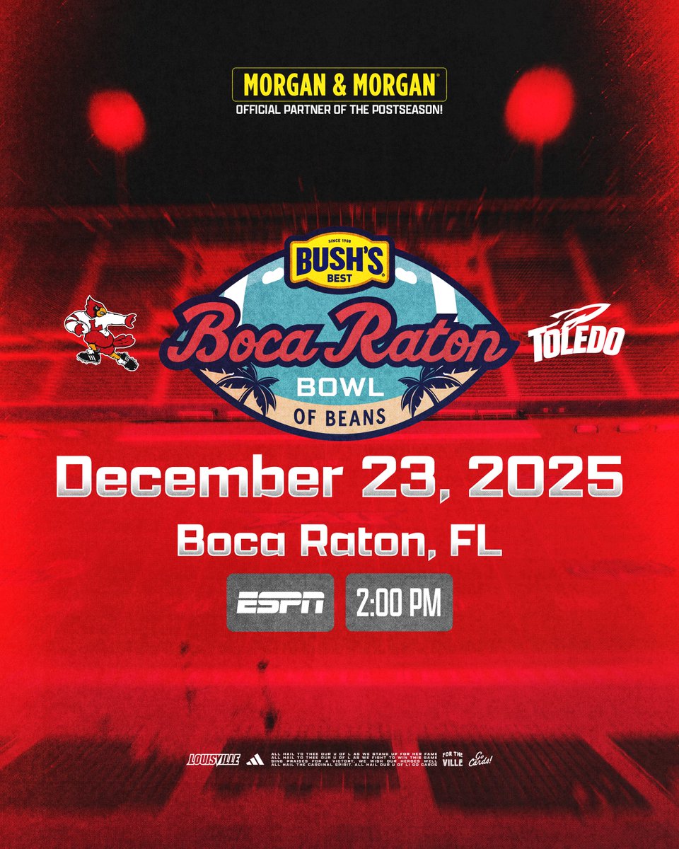 LouisvilleFB's tweet image. .@BocaBowl Bound! 

🆚 Toledo
📍 Boca Raton, FL
📅 December 23, 2025
🕑 2pm

#GoCards