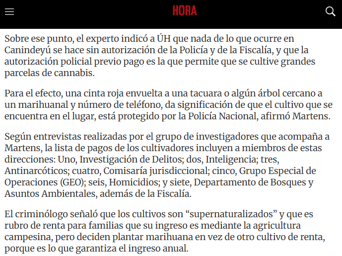 "el criminólogo Juan Martens Molas, había publicado en la Revista Novapolis, ya en el 2024, que entre los miembros de la Policía Nacional y de la Fiscalía reciben un total de G. 10 a 12 millones por hectárea de marihuana." <a href="/Francis970AM/">FRANCISCA PEREIRA</a> <a href="/enriquegamarra/">Kike Gamarra</a>  ultimahora.com/nulo-control-p…