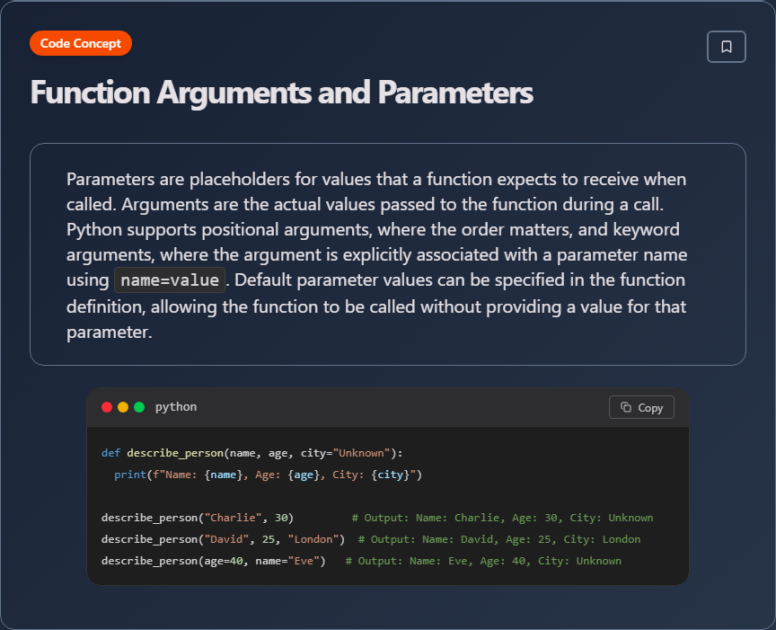 techielearns's tweet image. ✨ Function Arguments and Parameters (Python)

#Python #PythonDev #DataScience #WebDev #100DaysOfCode #DevLife