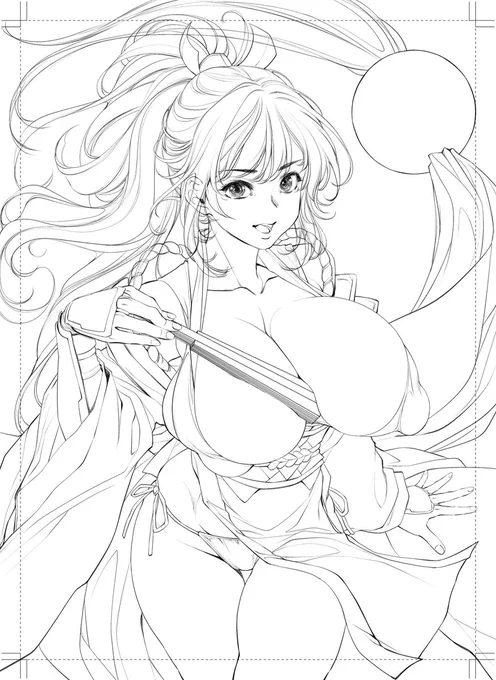 #今年も残りわずかなので今年一番伸びた絵を貼る
今年頭に描いた不知火舞(の線画)。
花蝶扇は服(胸)の中ではなく、帯に仕込まれている…という妄想設定で描きました。 