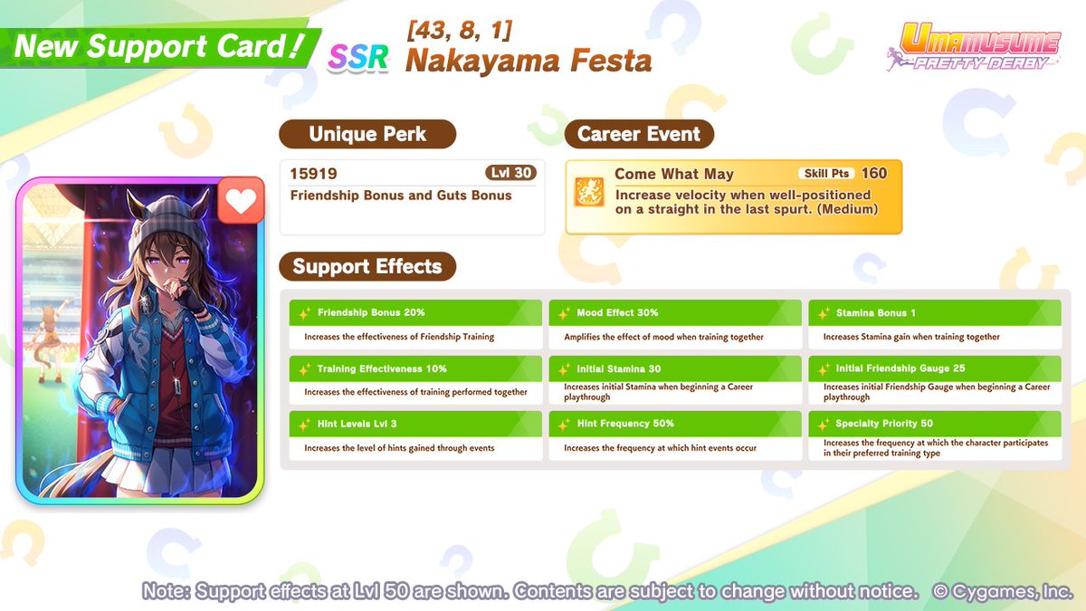 umamusume_eng's tweet image. 🤝 Here's your first look at a new SSR Support Card!

Presenting [43, 8, 1] Nakayama Festa!

For details, please check the Featured Cards section on the top right of the Scout screen, available from Dec 8 (UTC).

#Umamusume