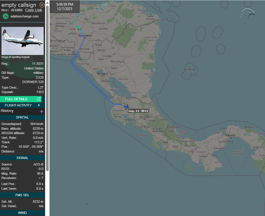 FlconEYES's tweet photo. 11-3031 | AE68B6 | #USAF Dornier C-146A
Wolfhound (Do-328-120) | https://t.co/9O3hOoRSSA
#SotoCano military base in Honduras departed to #Balboa, #Panama.
#AvGeek #ADSB #planespotting #7Dec https://t.co/hCTA8EkHio