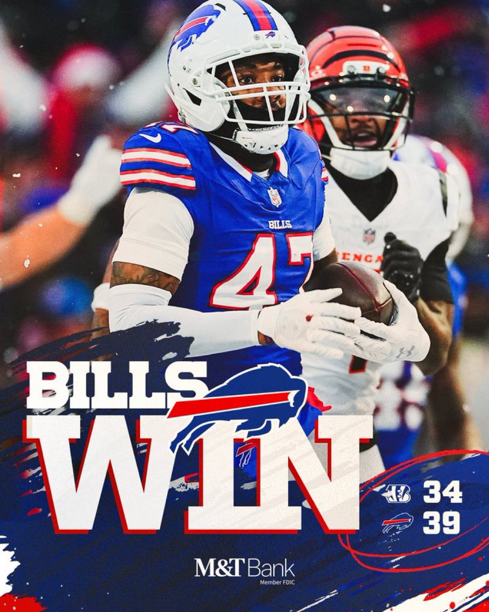sandropacheco71's tweet image. The #BuffaloBills defeated the #CincinnatiBengals by a score of 39-34 on Sunday December 7, 2025 in #Week14 of the 2025 #NFL season. #MakingHistory #BillsMafia #TheBillsMakeMeWannaShout #EyyEyyEyyEyy #LetsGoBuffalooo #GoBills #LetsGoBills #WhoDey #SnowGame
