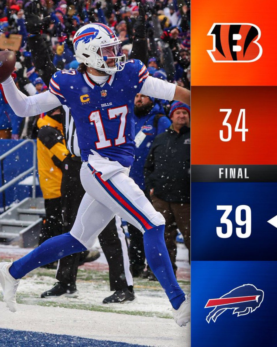 sandropacheco71's tweet image. The #BuffaloBills defeated the #CincinnatiBengals by a score of 39-34 on Sunday December 7, 2025 in #Week14 of the 2025 #NFL season. #MakingHistory #BillsMafia #TheBillsMakeMeWannaShout #EyyEyyEyyEyy #LetsGoBuffalooo #GoBills #LetsGoBills #WhoDey #SnowGame