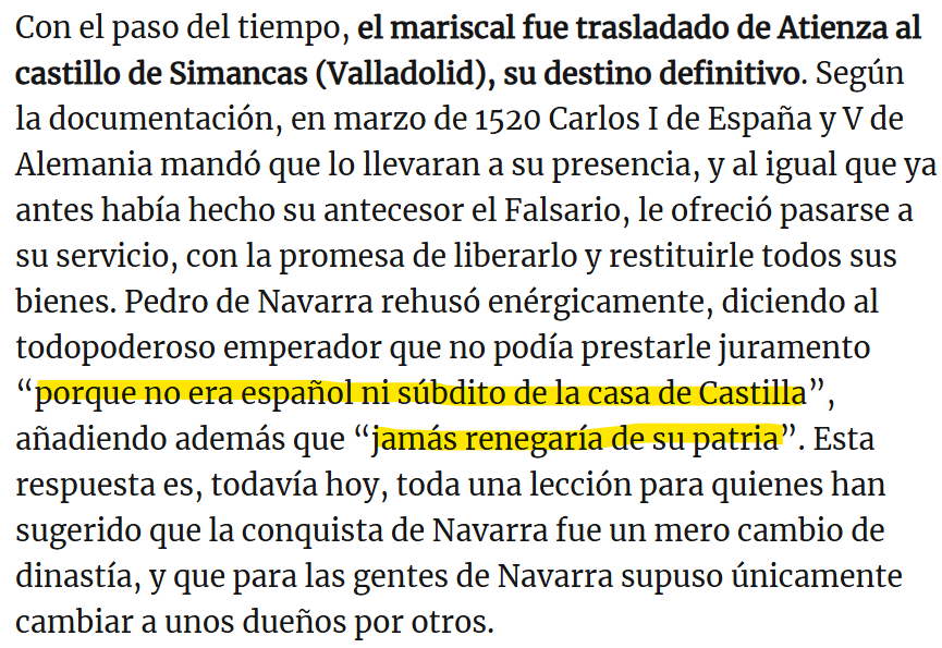 <a href="/NoticiasNavarra/">Diario de Noticias</a> Que SE HA INVENTADO lo que dijo el mariscal Pedro. No existe acto, carta o crónica que recoja dichas palabras. Y luego ni corto ni perezoso te hace una conclusion a partir de lo que se ha inventado. Estoy alucinando.