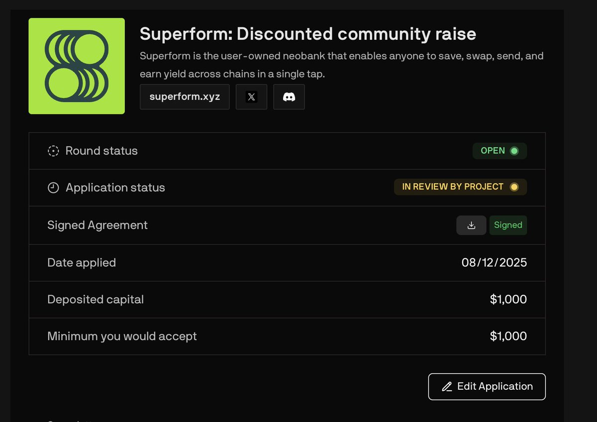 🚨 Superform Community Sale Update 🚨

Superform discounted community round is live and closing today at 8:30 PM IST! ⏳🔥
If you're eligible, make sure to register &amp; deposit your funds on Legion:
🔗 cookie.legion.cc/app/invest/sup…

My own application is currently In Review, and the sale