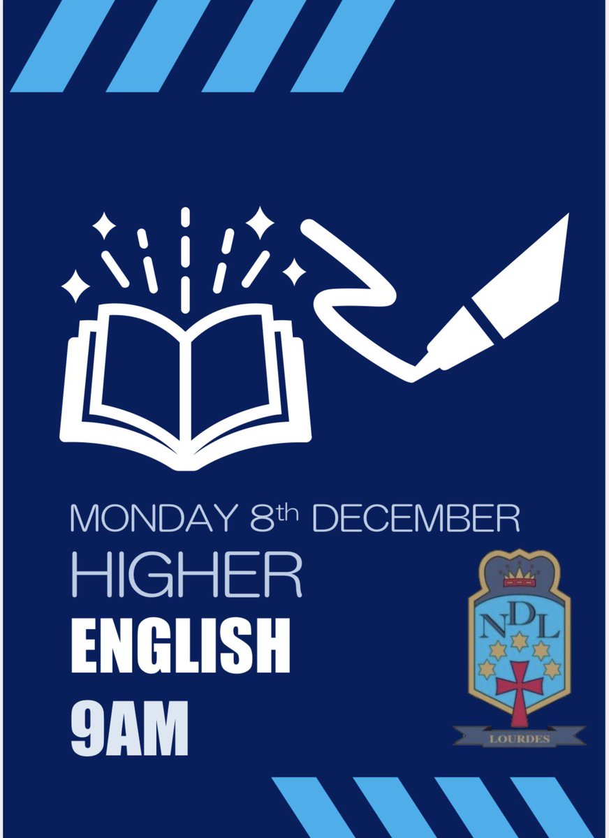 LourdesSec's tweet photo. Another busy day of Prelim examinations on Monday 8th December. 

Adv Higher and Higher English: 9am
Higher ESOL: 9am
N5 Modern Studies: 1pm https://t.co/WzHPg0oOxM