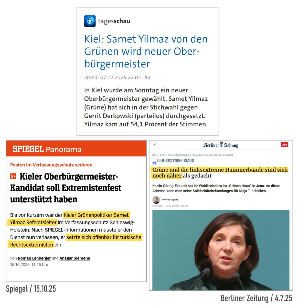 Kiel - Yilmaz von den Grünen zum Oberbürgermeister gewählt.

Plötzlich spielt die Verfassungstreuepflicht, die bei AfD-Bürgermeisterkandidaten noch zu  Wahl-Ausschlüssen geführt hat, keinerlei Rolle mehr - trotz mgl. Anhaltspunkte sowohl beim Kandidaten als auch bei der Partei 🙃