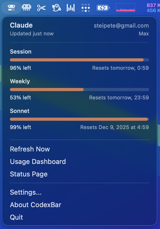 LOOK AT THIS BEAUTY
<a href="/antons/">Anton Sotkov</a> did some magic, elegantly keeping the existing AppKit menu but enriching it with sprinkles of SwiftUI.
New bits are out! codexbar.app