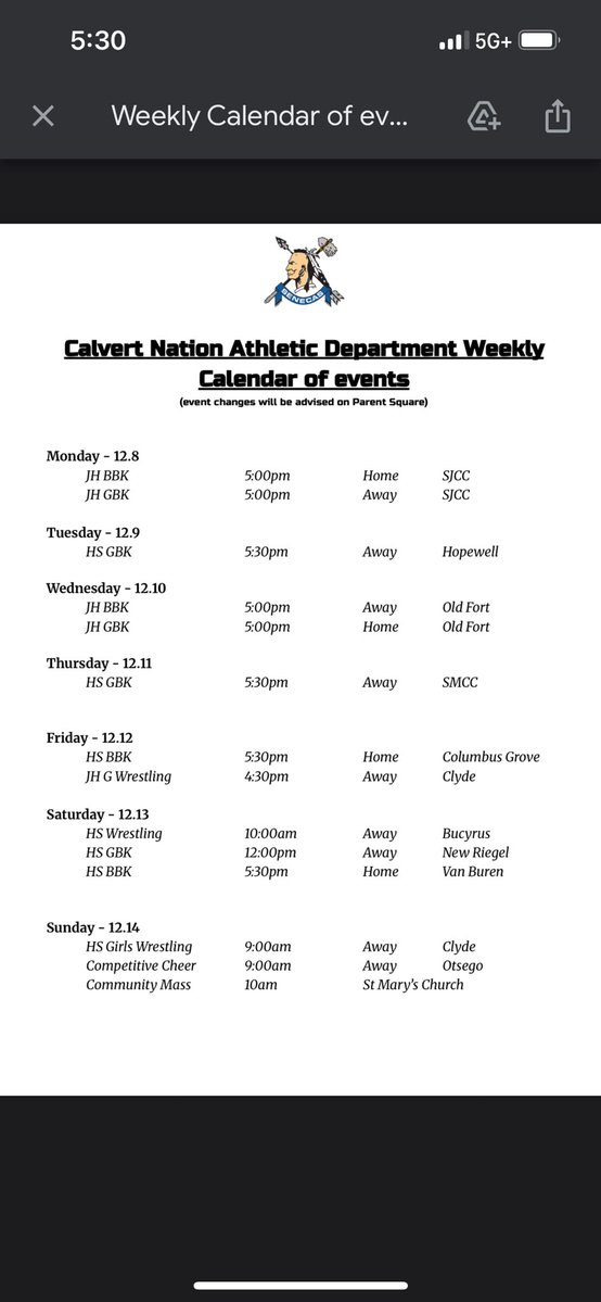 Athletic contest schedule for the week! 🏀 🤼 📣
