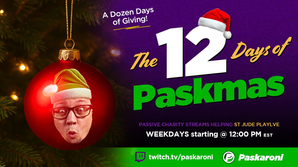 It's that time of the year!

Join me along with my #Bacon8tors for 12 days of fun, all while helping our friends <a href="/StJudePLAYLIVE/">St. Jude PLAY LIVE</a> 

The smiles start tomorrow 👇
🎄 Monday @ 12 pm EST • twitch.tv/paskaroni
