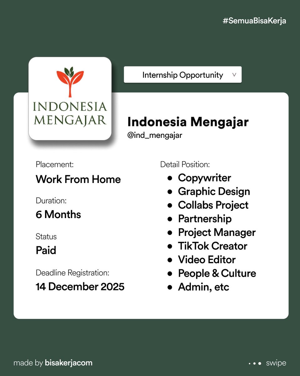 Weekly Roundup:

01. Indonesia Mengajar (WFH) 
indonesiamengajar.org/gabung-imagang
Detail: instagram.com/p/DRy4TeDgZpp/…
02. Kapal Api dreamjobsja.com
Detail: instagram.com/p/DRl7JH7AQfu/…
03. AstraPay kalibrr.com/c/astrapay
Detail: kalibrr.com/c/astrapay
04. Scarlett scarlettofficial.id/careers