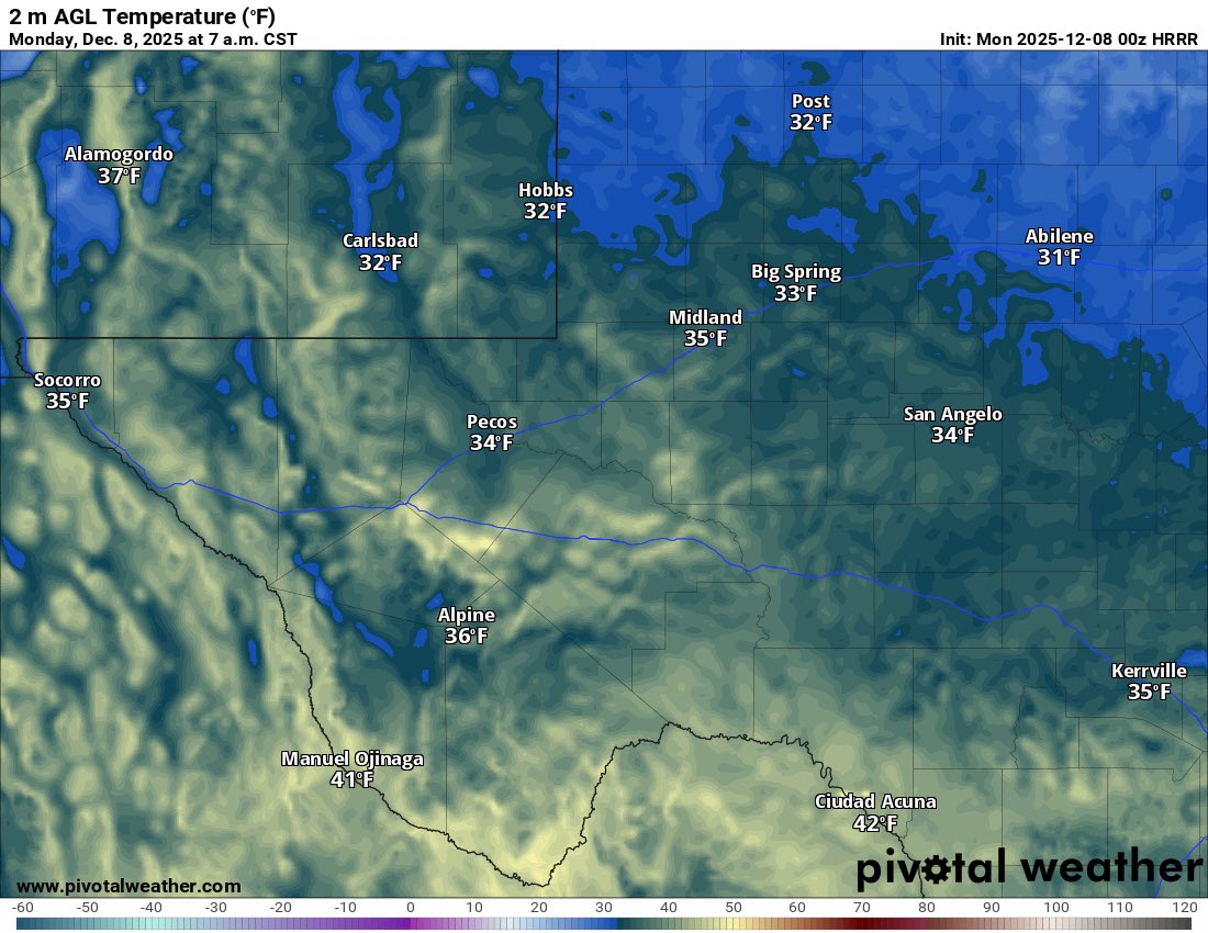 CaryAllenKCBD's tweet photo. Cold night ahead and morning temperatures may be a few degrees colder than this. Projected 7 am Monday temperatures. https://t.co/KlqoJWz7J8