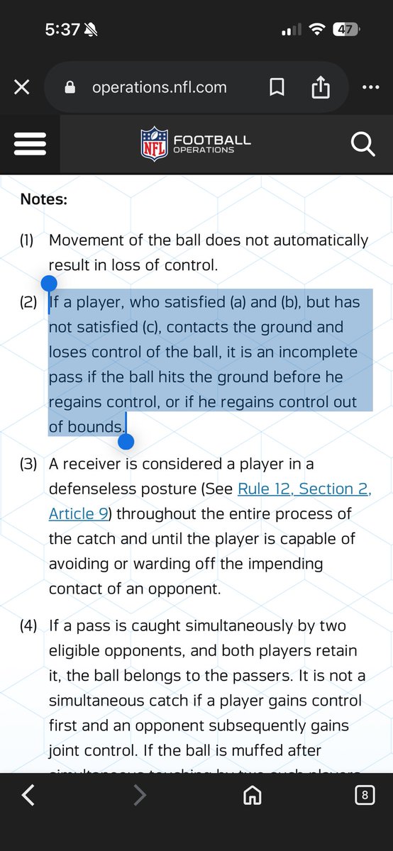 dperki22's tweet photo. @RSAtrox @DannySpangler @NFL @steelers Per the nfl operations website. This applies anywhere in the field of play, including the end zone. https://t.co/NOuVkVGHqZ