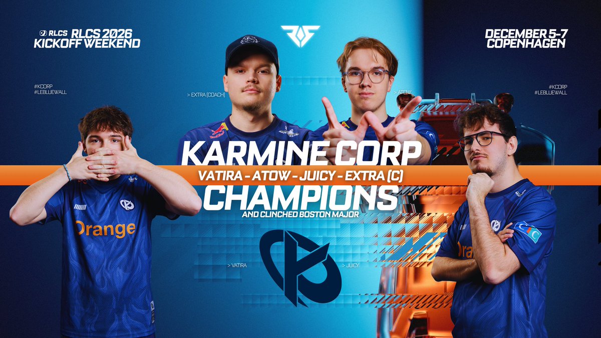 RocketStreet's tweet image. 👏 THEY'VE DONE IT FOR EUROPE! YOUR KICK-OFF WEEKEND CHAMPIONS AND CLINCHED BOSTON MAJOR: @KarmineCorp 💙

🥇💙🇫🇷 @Vatira5
🥇💙🇫🇷 @juicyyrl
🥇💙🇧🇪 @AtowRL
🥇💙🇫🇷 @Extra_RL (C)
🥇💙🇫🇷 @JordiNouvellet (C)

#KCORP