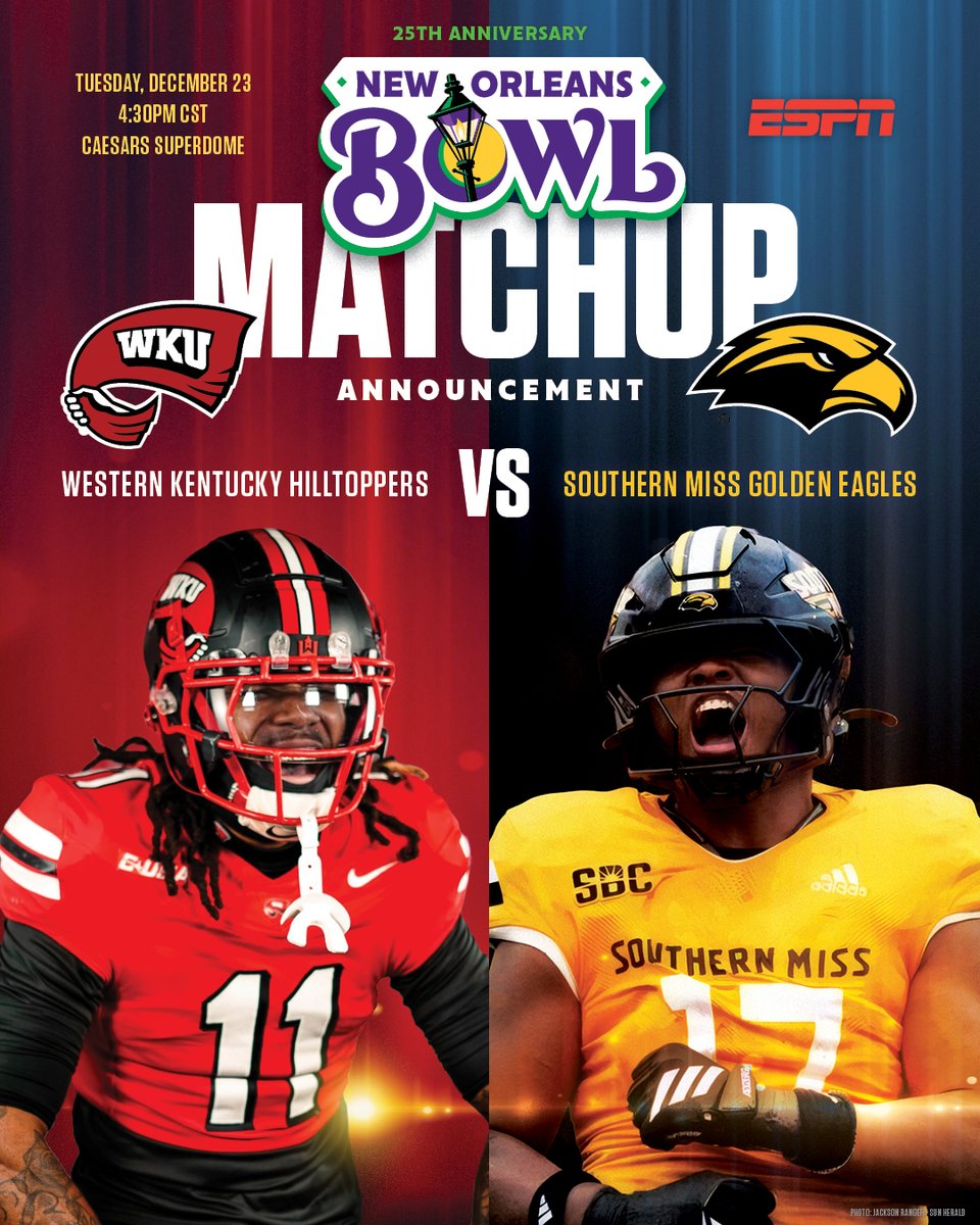 It’s <a href="/WKUFootball/">WKU Football</a> vs <a href="/SouthernMissFB/">Southern Miss Football</a> in the Superdome on Dec. 23rd. 🔥

Tickets are available now at ticketmaster.com/2025-new-orlea…