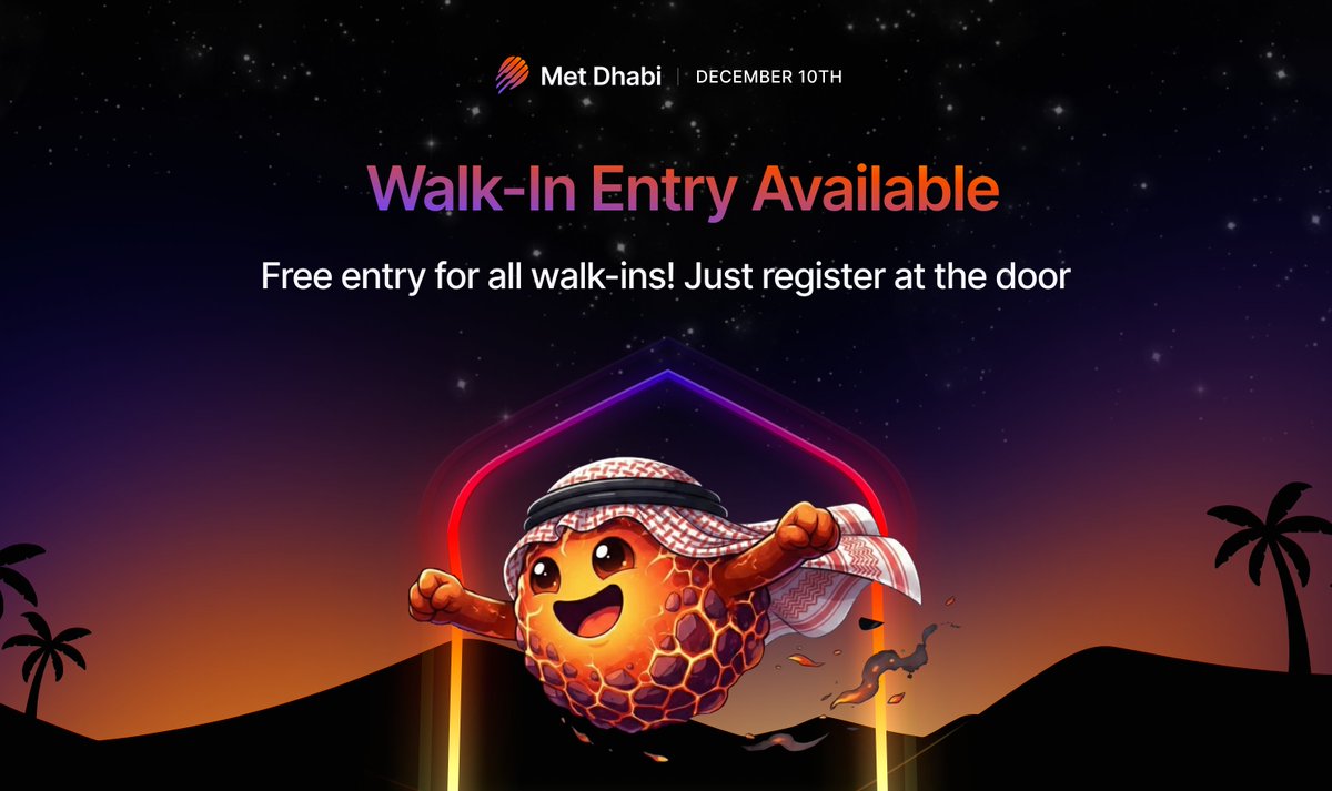 MeteoraAG's tweet image. Met Dhabi Update!

Registrations via Luma has now closed but walk-in entry will be available on the day from 10am.

Free entry for all walk-ins. Just hop in line and register at the door.

If you’re attending Solana Breakpoint and want a free, opportunity packed networking day…