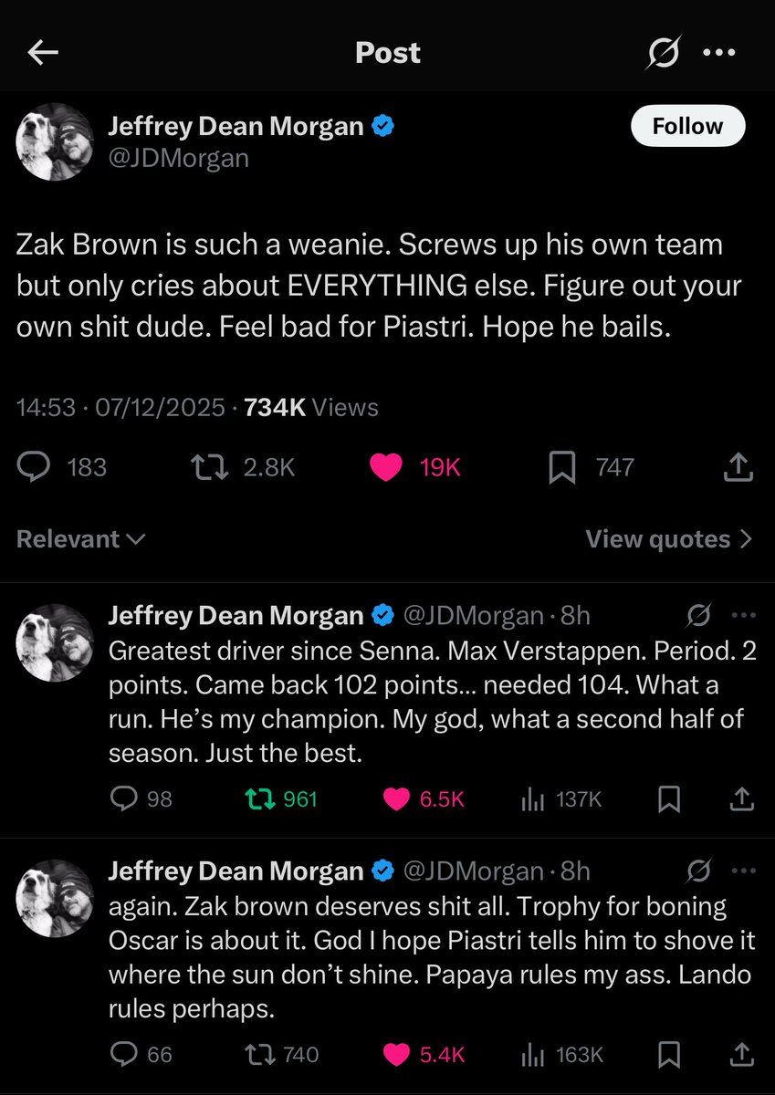 verspias's tweet photo. jeffrey dean morgan crashing out over f1 was not on my 2025 bingo card this is too funny 😭 https://t.co/qypzWrl5GC