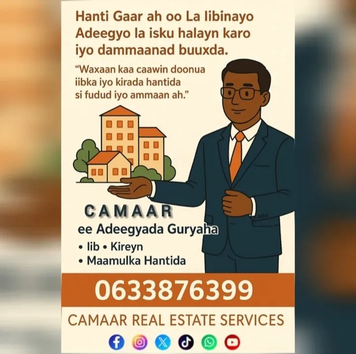 CamaarServices's tweet photo. Ma raadinaysaa #Dhul ama #guri misa hanti #maalgashi #qiimo leh?
Anaga kuu fududeyn doona!
✅ #iib, #kiro
✅ #guryo,#dhulal, #Bakhaar #meherad #ganacsi
✅ #qiimo tartan leh iyo #adeeg tayo leh
��� Koox #khibrad leh oo kuu adeega 
#Hargeisa #burco #Barbara #borama All #Somaliland https://t.co/JGjCdktSqC