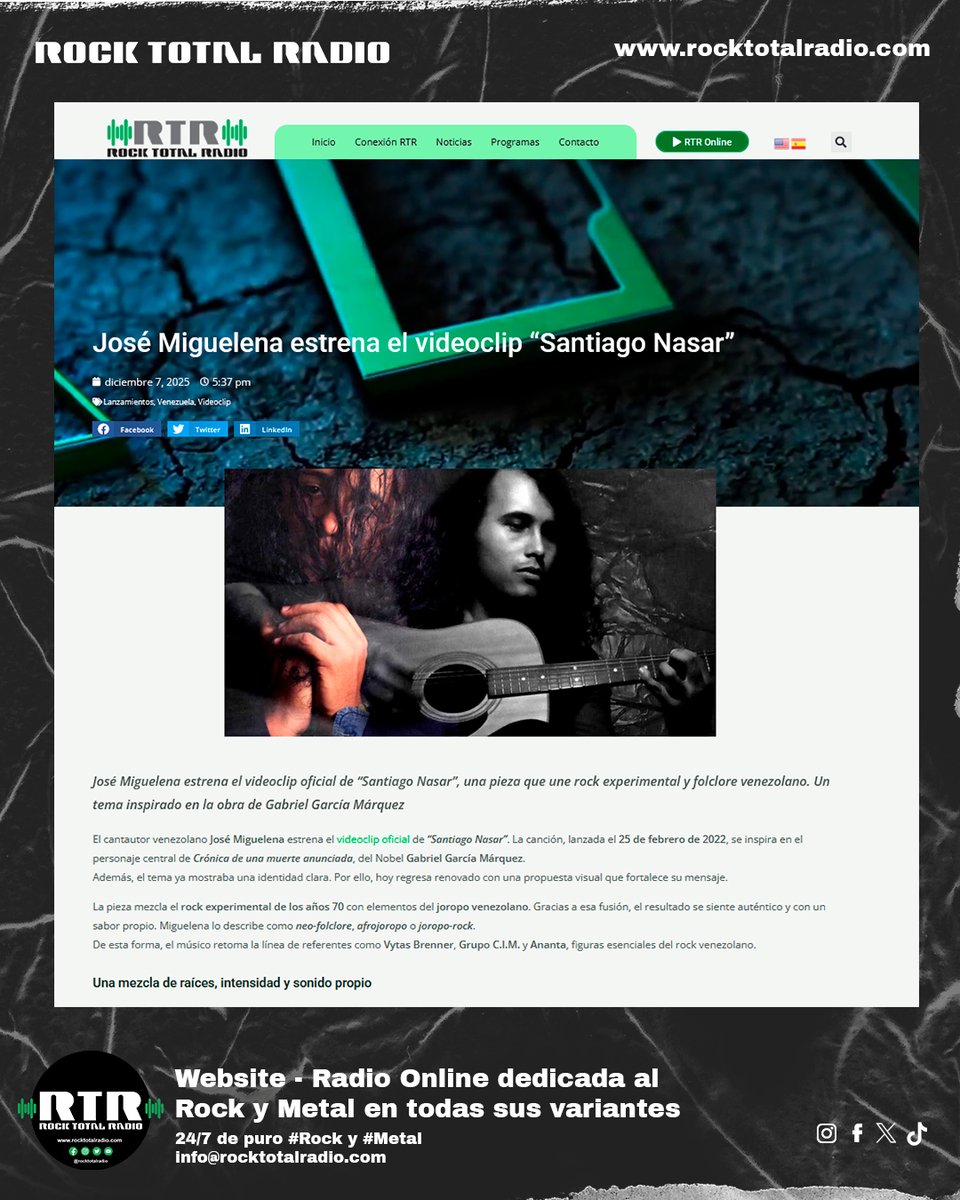 José Miguelena <a href="/Jmiguelena/">José Miguelena</a> estrena el videoclip de “Santiago Nasar”, una mezcla de rock experimental y joropo venezolano con inspiración literaria.
Lee más aquí 👉 rocktotalradio.com/jose-miguelena…
#JoseMiguelena #SantiagoNasar #RockVenezolano