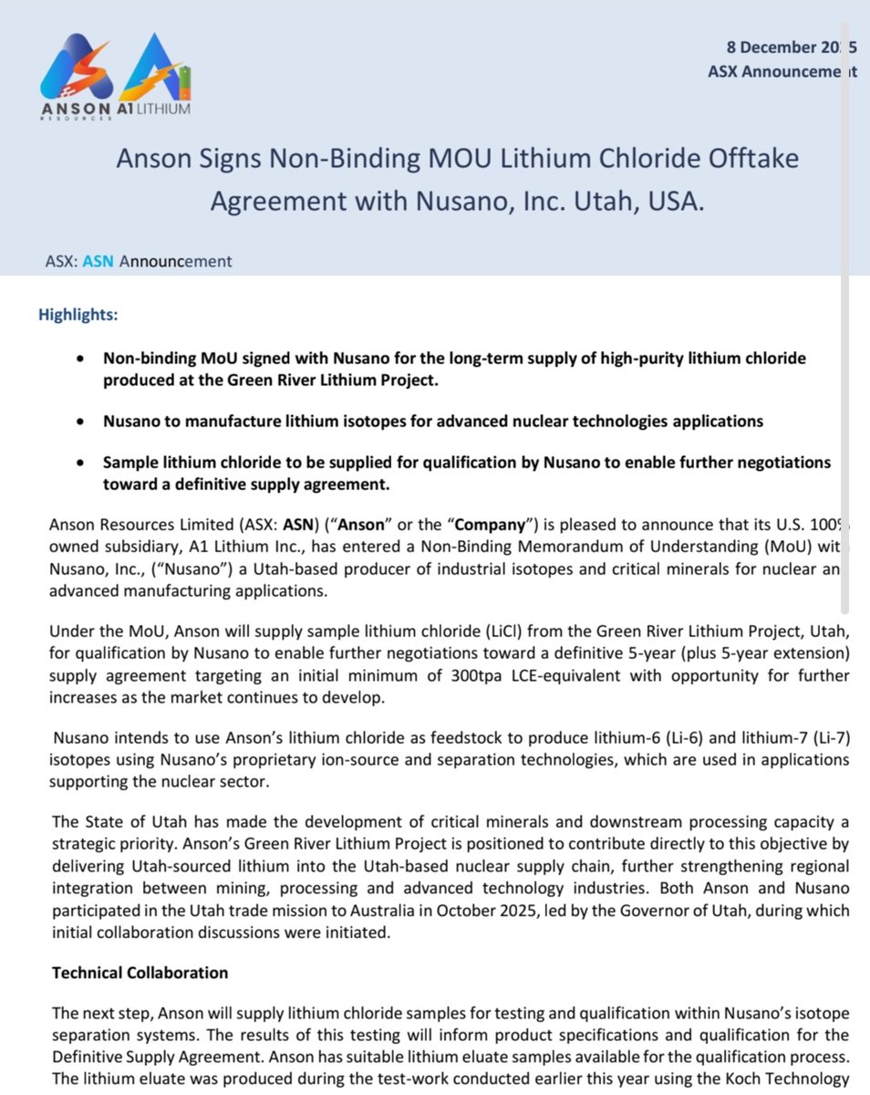 RawMinerals's tweet photo. $ASN Signs Non-Binding MOU Lithium Chloride Offtake 
Agreement with Nusano, Inc. Utah, USA.

#Brines #CHLORIDE #Lithium