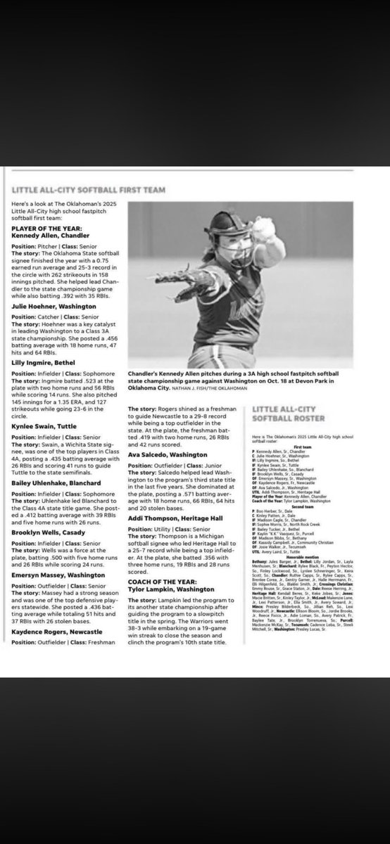 Thank you to The Oklahoman for recognition for Little All-City Softball Honorable Mention!