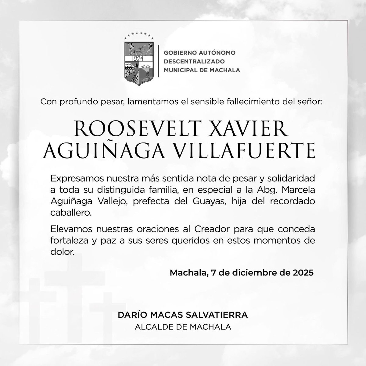 Acompañamos con profundo respeto a la familia Aguiñaga por la partida del señor Roosevelt Xavier Aguiñaga Villafuerte.

Toda nuestra solidaridad para la Abg. <a href="/marcelaguinaga/">Marcela Aguiñaga</a>, Prefecta del Guayas, deseándole fortaleza y consuelo en este momento tan doloroso.