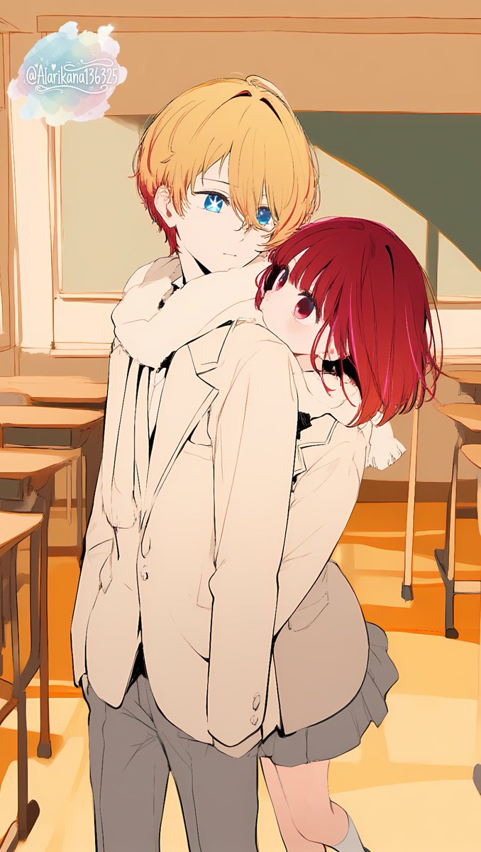 GM☀️🏫——

【有馬かな×星野アクア】

早朝は私達の時間。
誰も居ない教室に、アクアはひとり佇んでいて、私はその後ろから彼に抱き付く。

「だーれだ？」
「…有馬。おはよ」
「おはよ、あーくん」

騒がしい一週間が、ここからまた始まる。
-SFW Illustration-

#AIart ,有馬かな,アクかな,推しの子