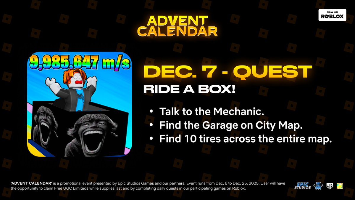 EpicStudios5's tweet image. We start on the 7th! 🎄

Ready to enjoy the new Ride a Box update? 😎

Get the new mission with this update. But make sure to figure things out well for the next mission. You’ll also need to farm. 🧐

🔗 roblox.com/es/games/94226…

#Roblox #RideABox #RobloxUGC #RobloxFreeUGC