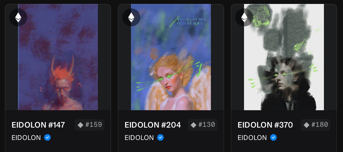 My first pieces by <a href="/rocketgirlART/">Rocketgirl</a> 

Feeling excited &amp; fortunate!  

A Demon, an Angel &amp; a Watcher!  
#EIDOLON 

Shoutout to <a href="/rektfluf/">Digger 🐤</a> for introducing me to <a href="/rocketgirlART/">Rocketgirl</a>