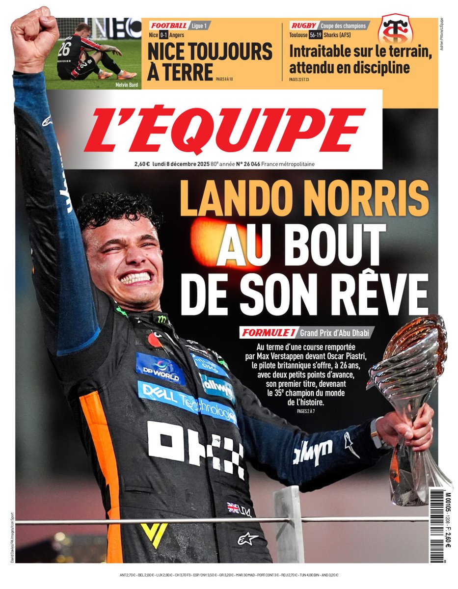 lequipe's tweet photo. 🗞️ « Lando Norris au bout de son rêve » : la une du journal L'Équipe du lundi 8 décembre 2025 https://t.co/OEDn6AVxrx