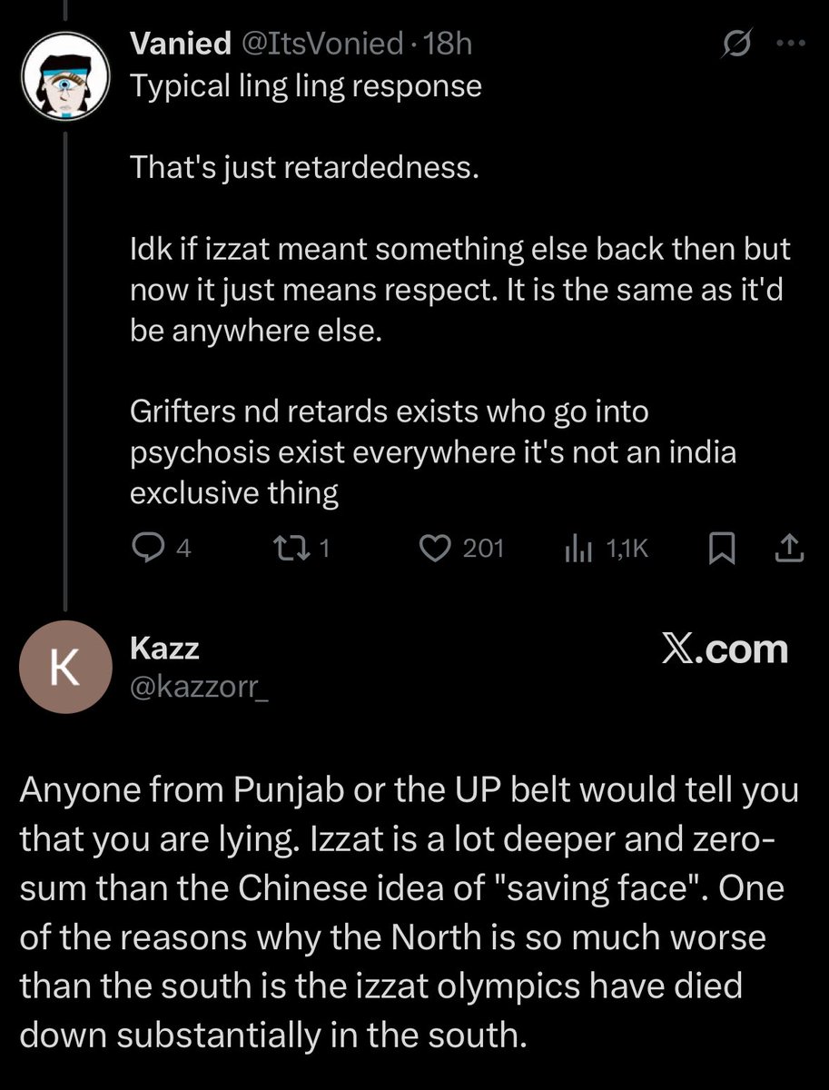 izzat 和 honor 的区别
传统意义上讲,介于“荣誉文化”和“尊严文化”之间
但翻译相同的词语却有着截然不同的含义。“Izzat”在印度是一种粗俗的、以恐吓为基础的荣誉文化,他们*完全可以*做得更好。