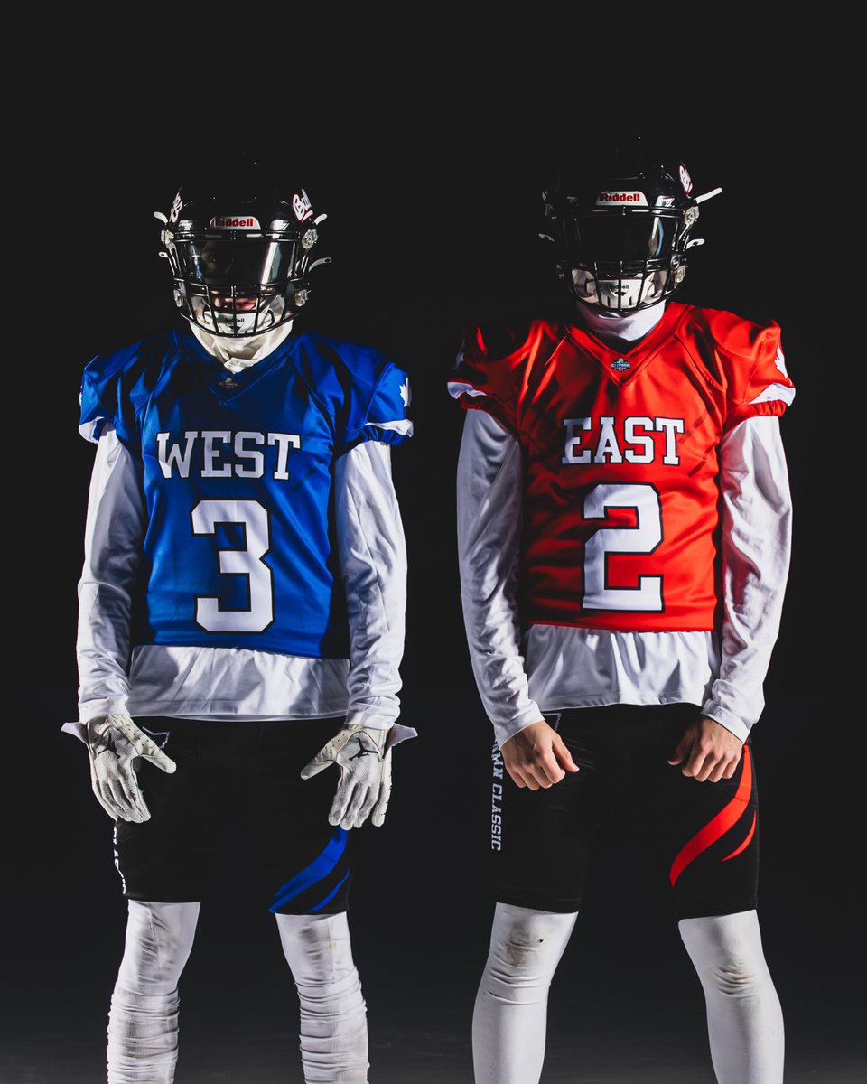 ACClassicFB's tweet photo. Jersey Reveal 🫣👀

Introducing your 2026 All-Canadian Classic Team East and Team West Jerseys 🔥🏈

Don’t miss out on the chance to wear these jerseys, spots are limited!! 

Register for the All-Canadian Classic now! 

Invites go out in January
The link to register can be found in our bio

All positions needed ages 14-17 

#ACC #football #builtforthemoment