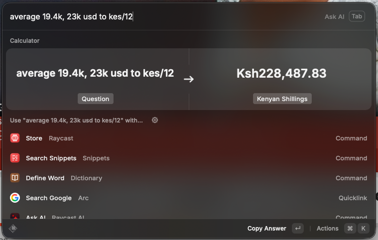 this mathemagical calc has gotta be my fav <a href="/raycast/">Raycast</a> feature oat. here, calculating monthly avg in local currency from an annual range in usd. pls write a technical blog on how (process, rather than trade secrets) y'all made this